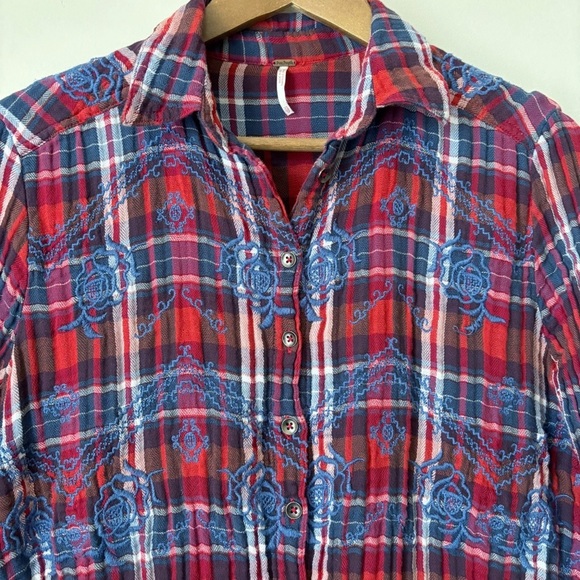 Free People Magical Plaid Shirt XS Embroidered Red Blue - Picture 3 of 8